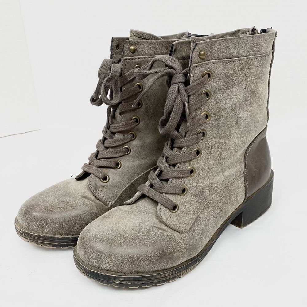 Madden Girl Mistley Grey Distressed Faux Leather Combat Ankle Boots